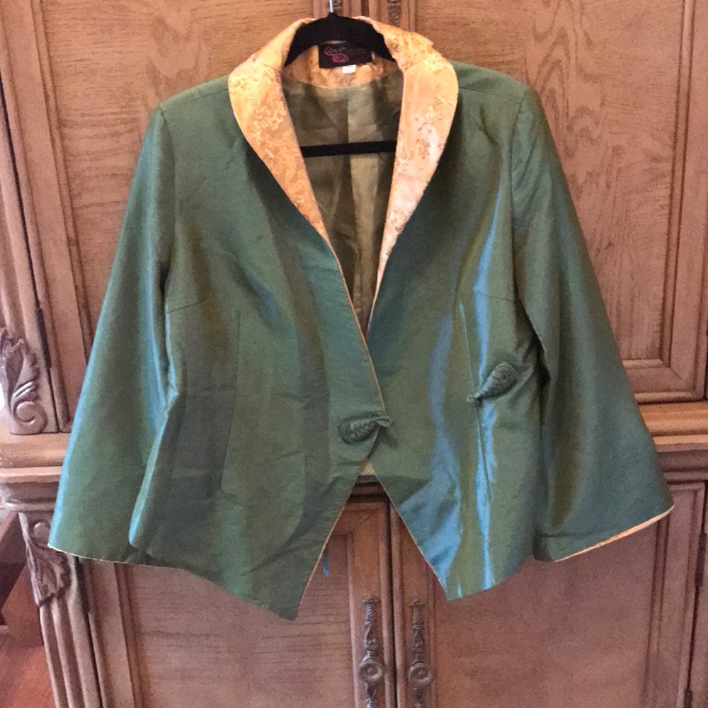 Asian Wrap Jacket Seafoam Green and Gold Collar